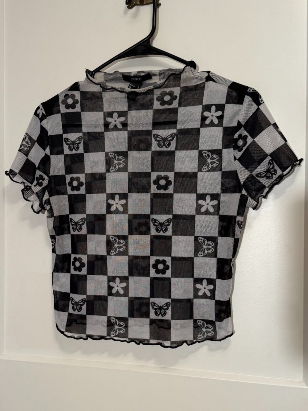 Forever 21 Sheer Mesh Checkered Baby Tee